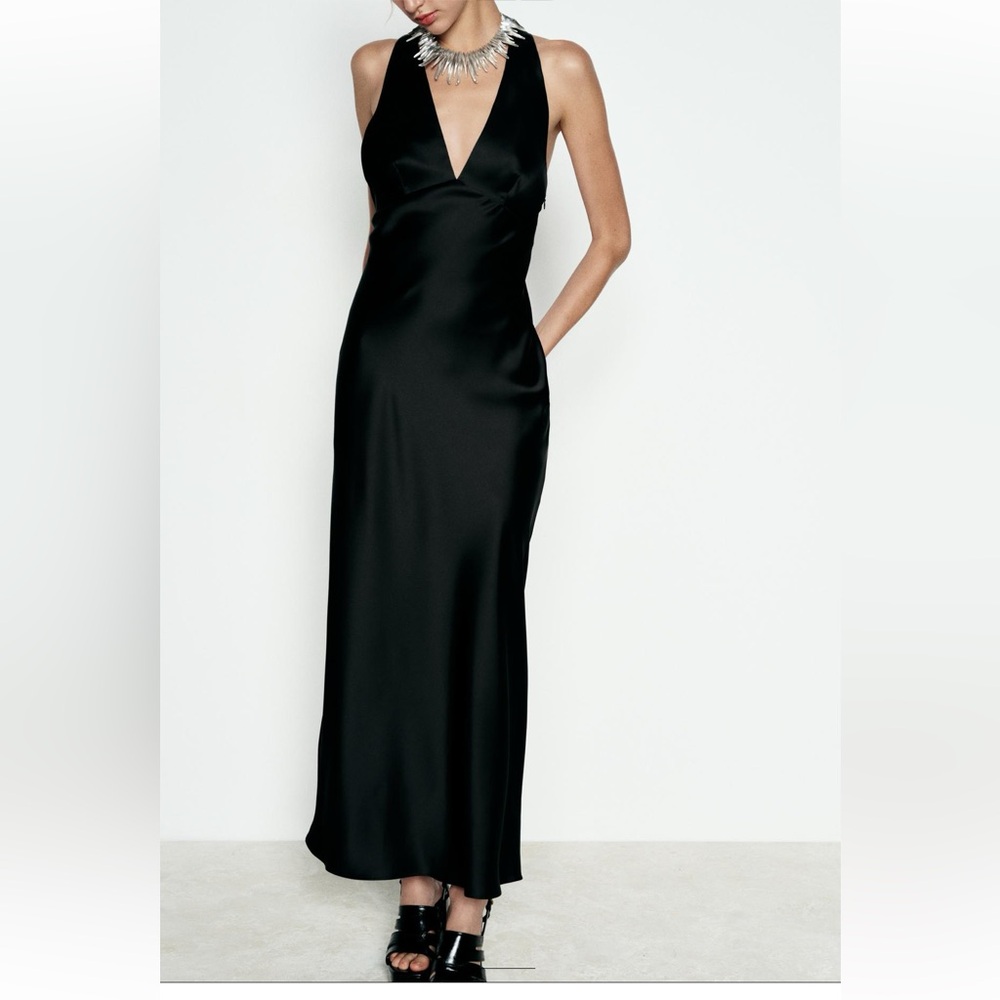 NWT Zara V-Neck Satin Effect Open Back Midi Dress